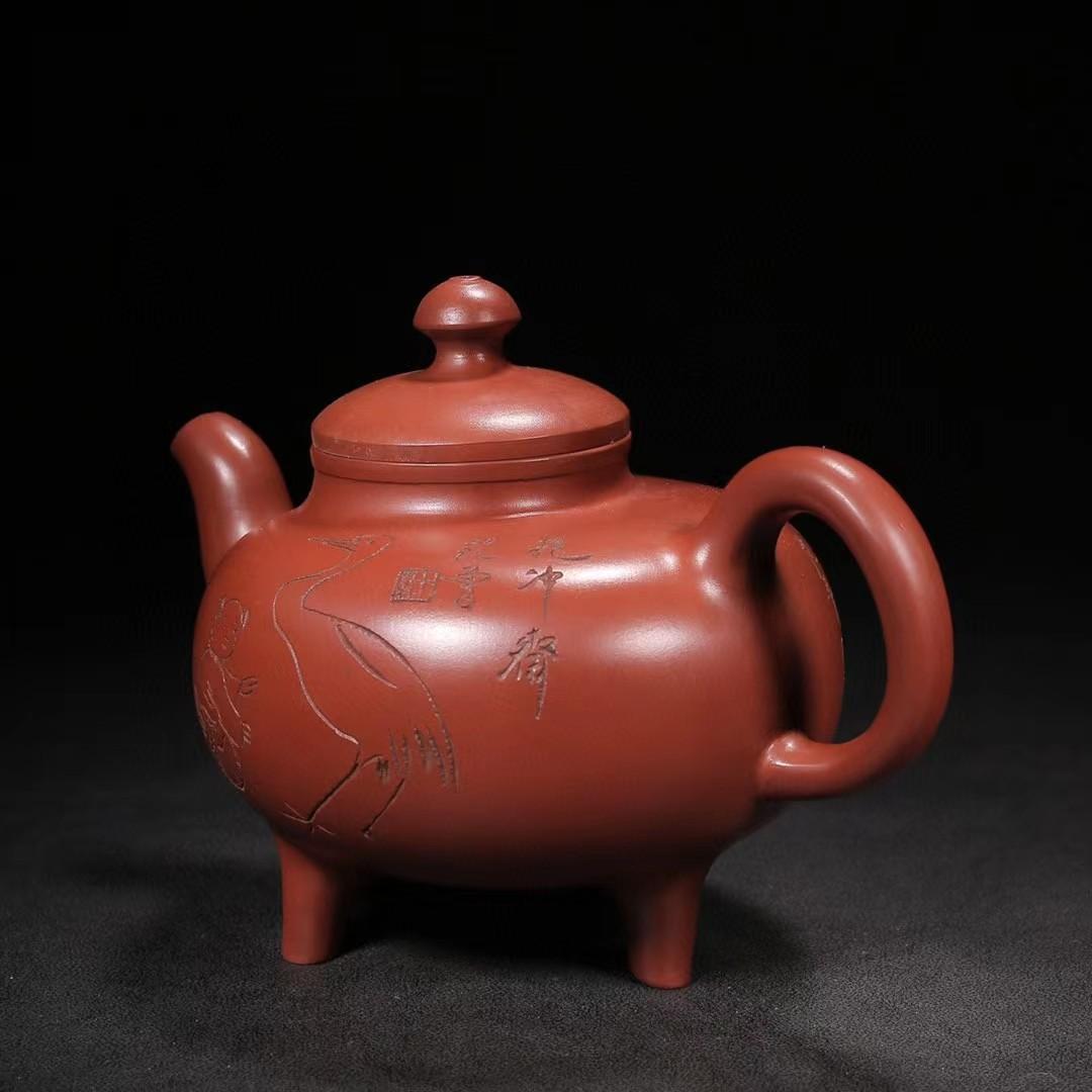 中国古美術・洪壽紫砂壺・原礦清水泥・顧景舟製壺紋・範曾(刻画)・紫泥急須・茶壺