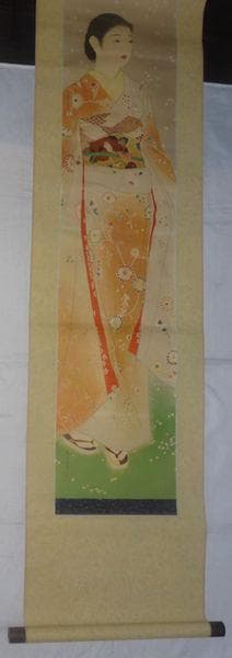 稀少 ヴィンテージ 山川秀峰 昭和風俗美人 『花』 美人画 着物 紙本 掛軸 ②