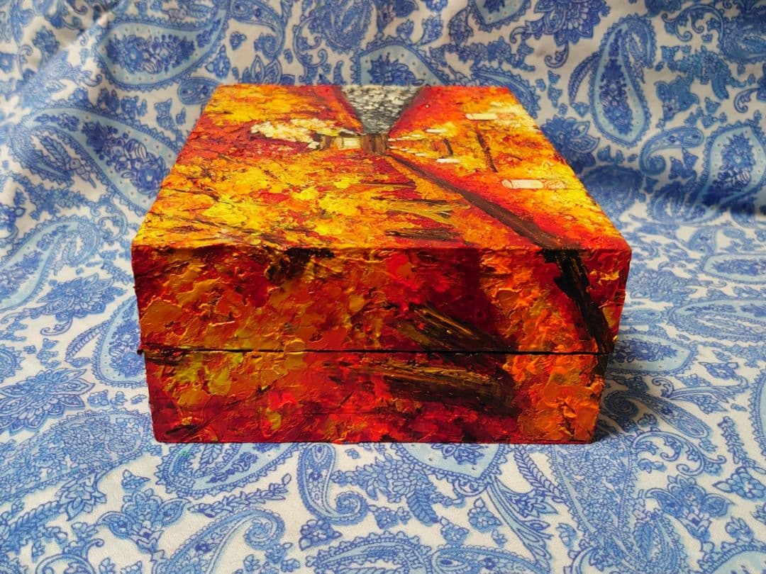 北欧風 油絵 絵画「紅葉ボックス」モダンアート 玄関やリビングに映える 秋の風景