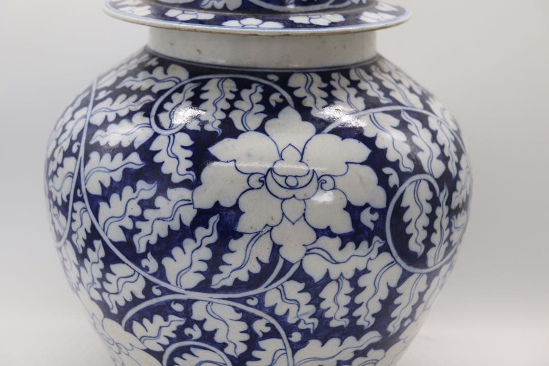 中国　清時代　染付　蓋付大壺　送料込み250221