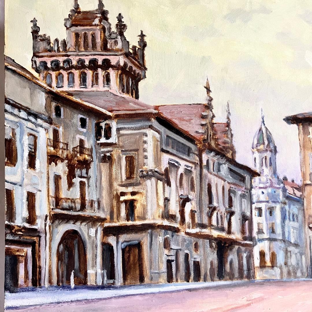 ヨーロッパの街角-F10 油彩 キャンバス 額装　作者不明・希少