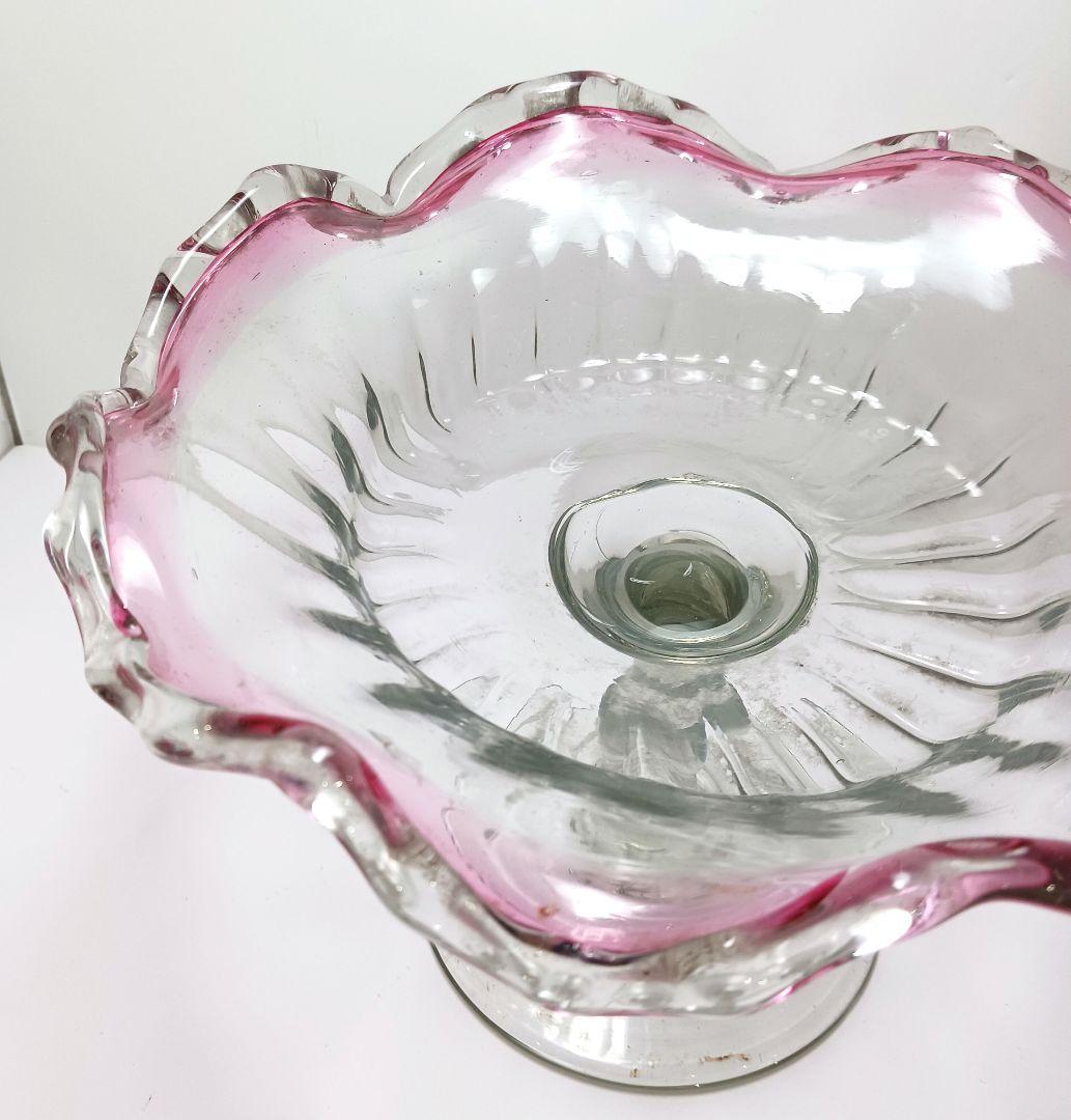 Y2680-1 時代レトロ 赤縁ガラス 大型コンポート 皿 サイン入り #6