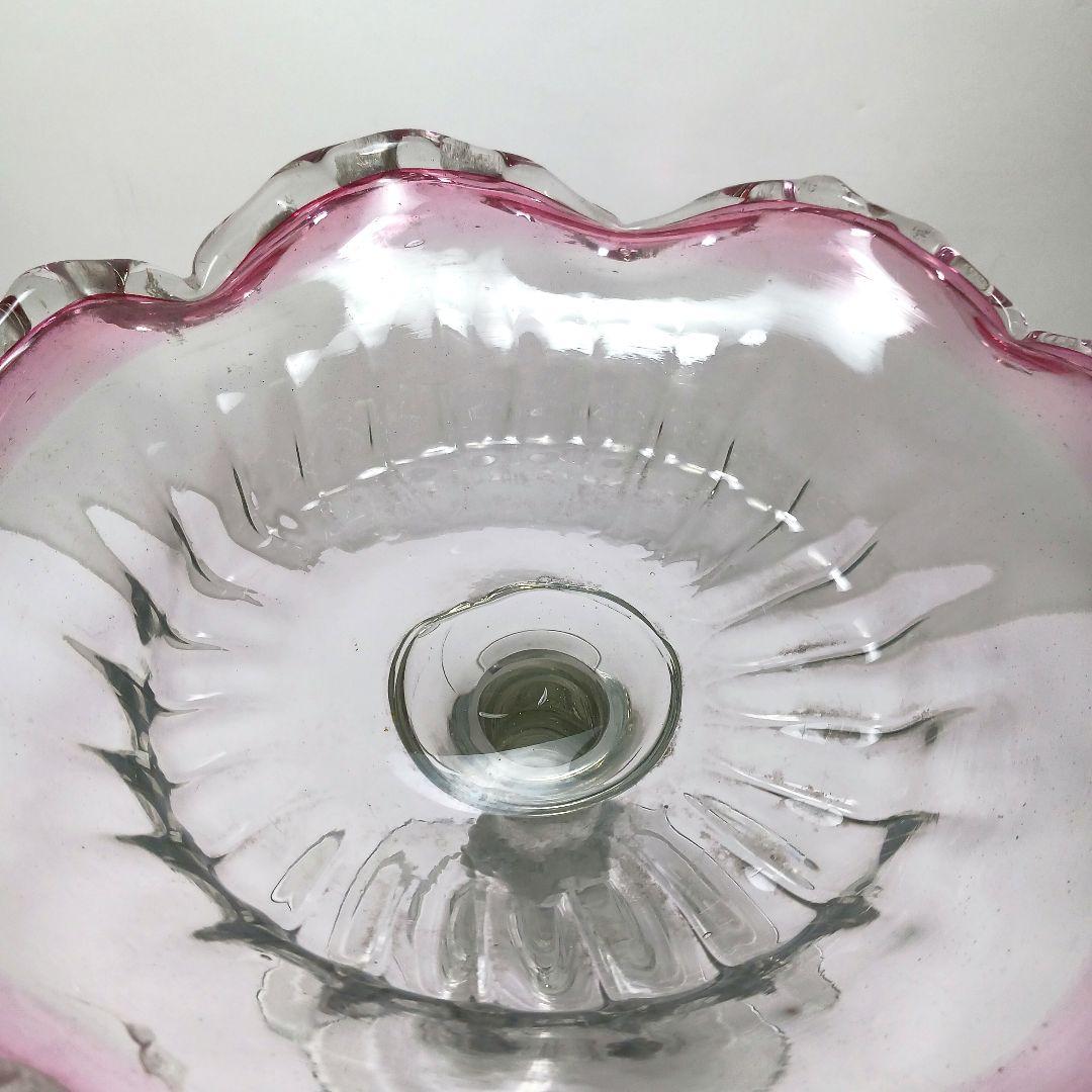 Y2680-1 時代レトロ 赤縁ガラス 大型コンポート 皿 サイン入り #6