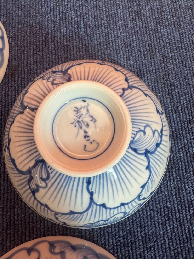 1968 三川内焼　嘉久正窯　手描き　牡丹　輪花小鉢　5客　未使用