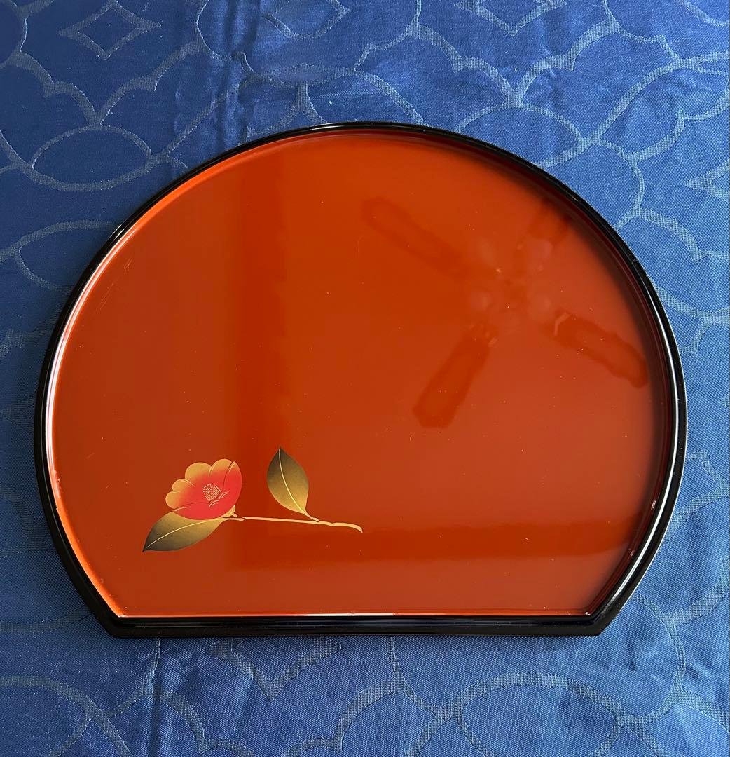 半月盆　半月膳　会席膳　５枚　漆塗り　木製　蒔絵　朱　元箱付き　お正月