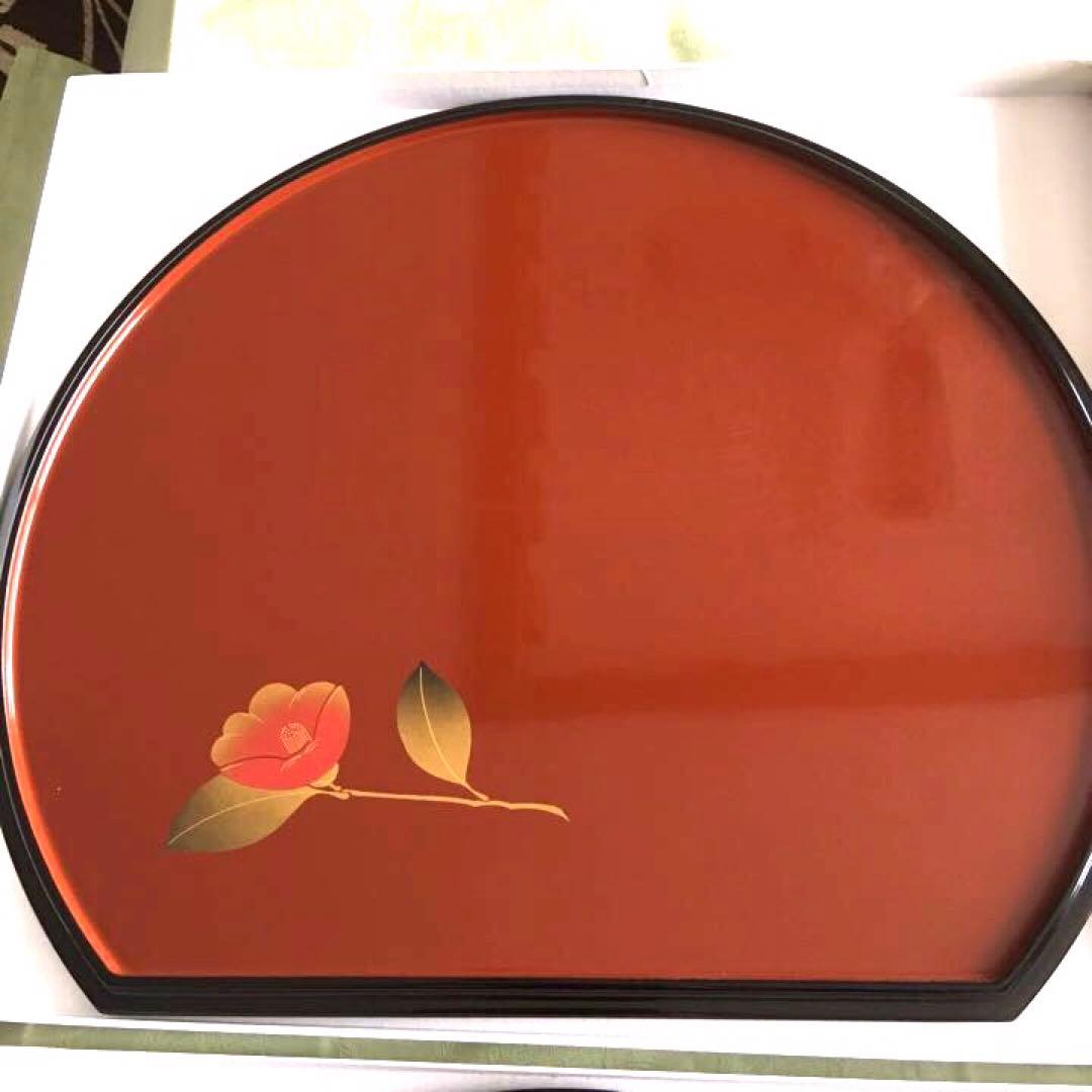 半月盆　半月膳　会席膳　５枚　漆塗り　木製　蒔絵　朱　元箱付き　お正月