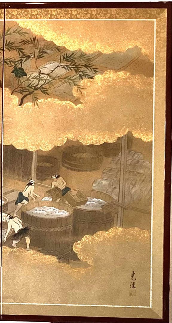 四つ折り屏風　日本画　和紙に金粉彩色　酒造り