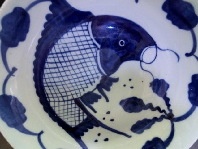 皿■支那染付鯉紋 清時代中期 飾り皿 魚皿 古玩 唐物 中国 時代物 骨董品■