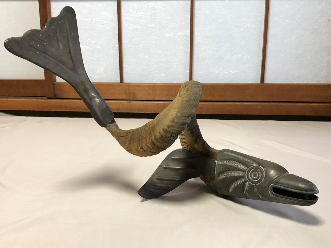 【 稀少文物 】　山羊角、金銅彫金　『魚オブジェ』　清朝古玩