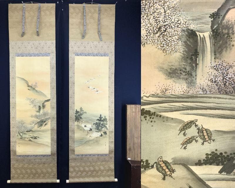 真作/長谷川玉峰/松梅鶴亀図/双幅/祝掛軸/正月掛軸/掛軸☆宝船☆AH-508