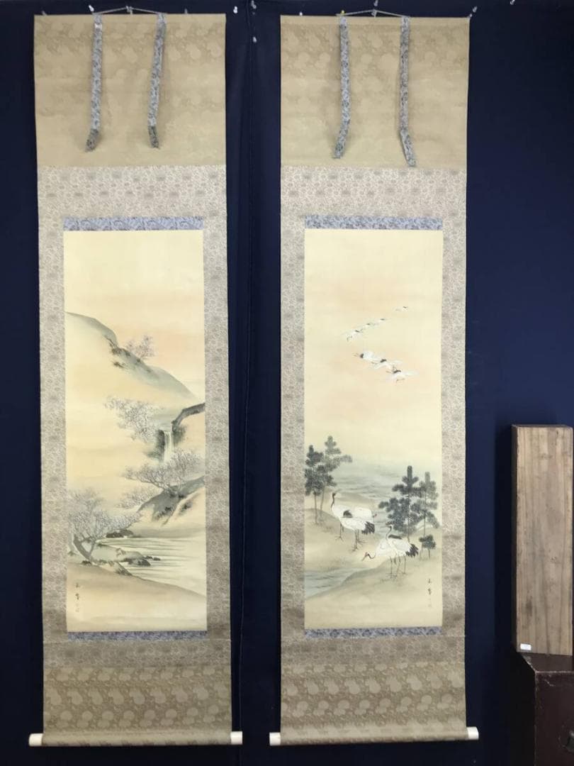 真作/長谷川玉峰/松梅鶴亀図/双幅/祝掛軸/正月掛軸/掛軸☆宝船☆AH-508