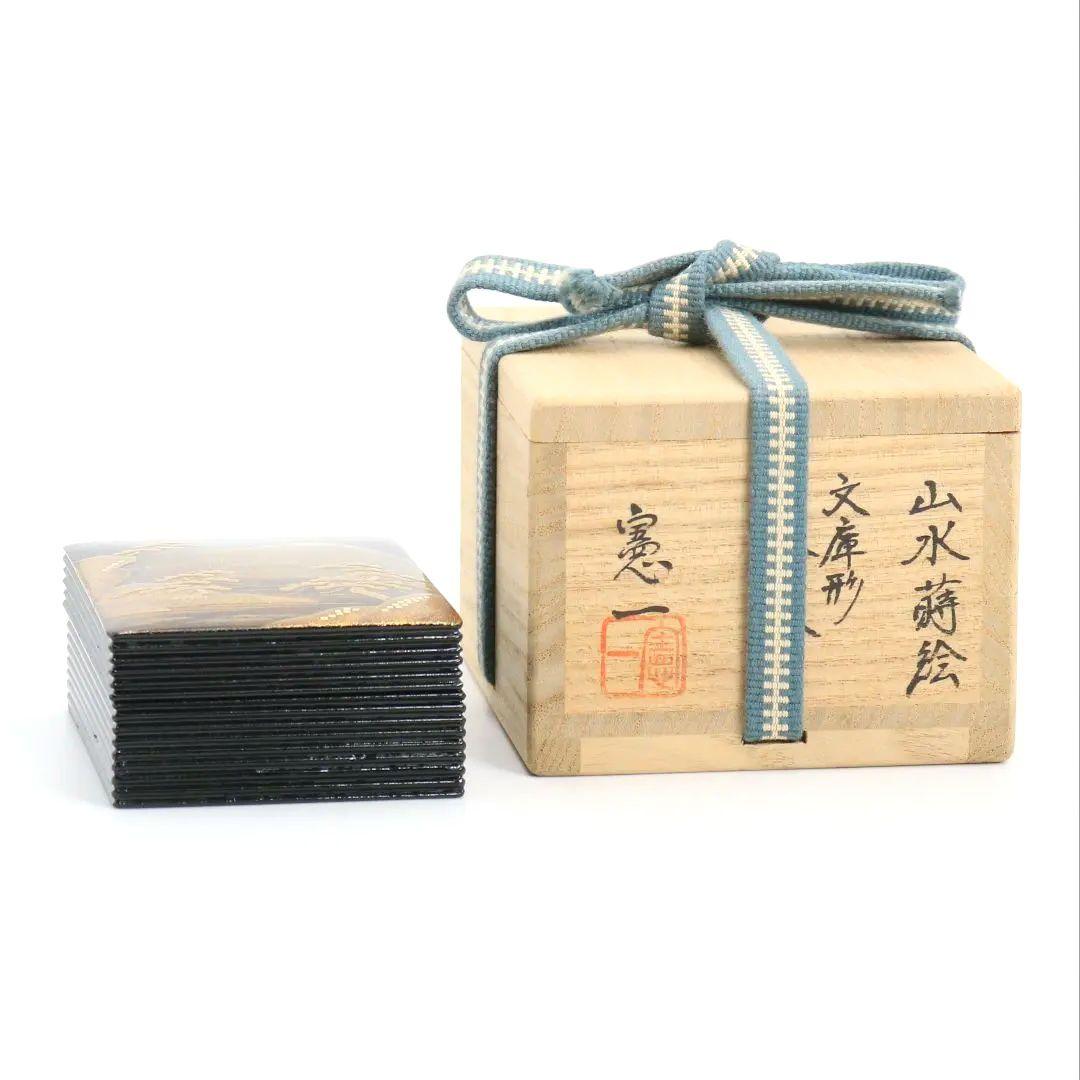 坂本憲一作 山水蒔絵 文庫形香合 文箱 金梨子地 茶道具 共箱　AW807　N1
