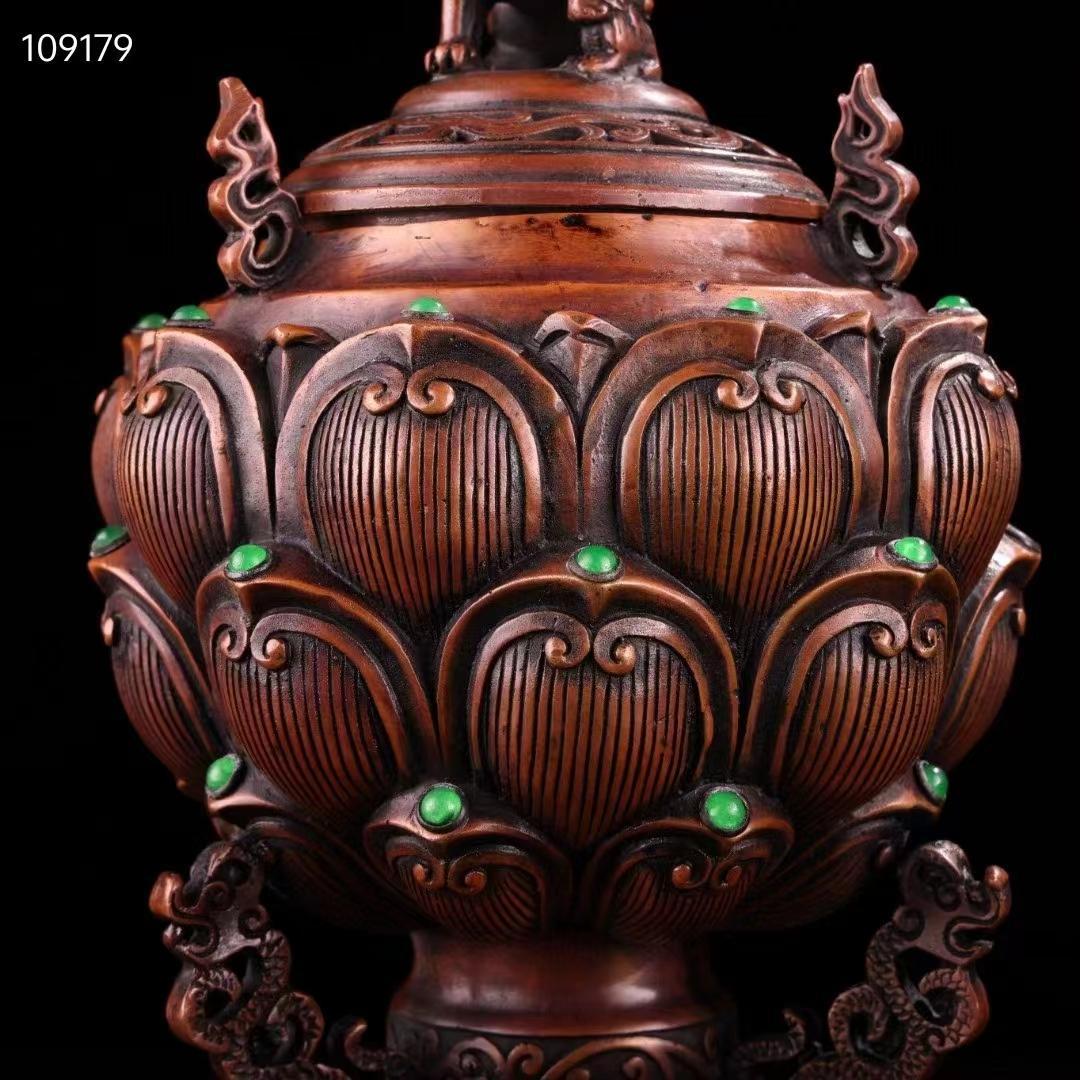 中国古美術・全銅・純手作り、宝石をはめ込み・獅子蓋香爐・熏香爐・置物・文房具