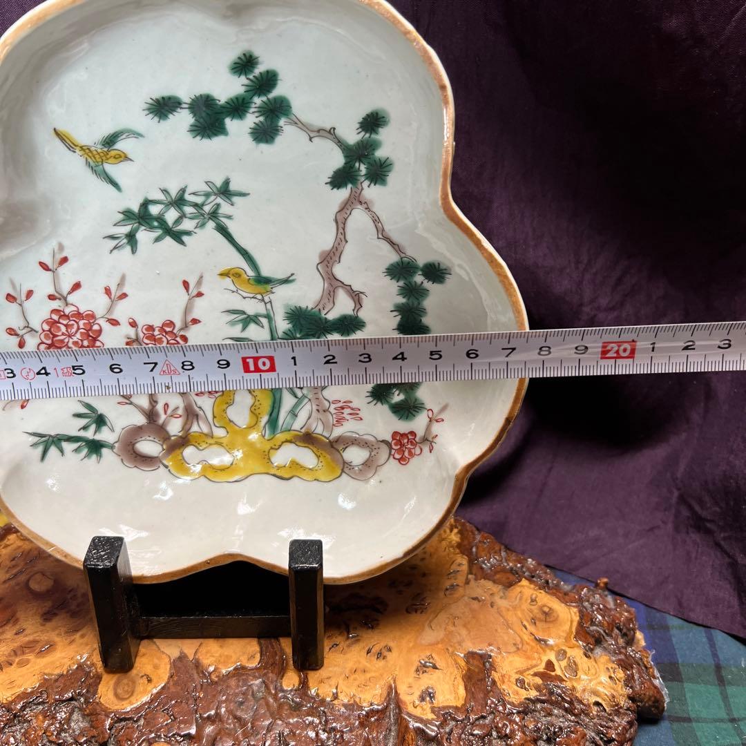 古九谷五彩手花鳥松竹文口紅　手捻り　柿右衛様式　江戸時代　合箱　美品