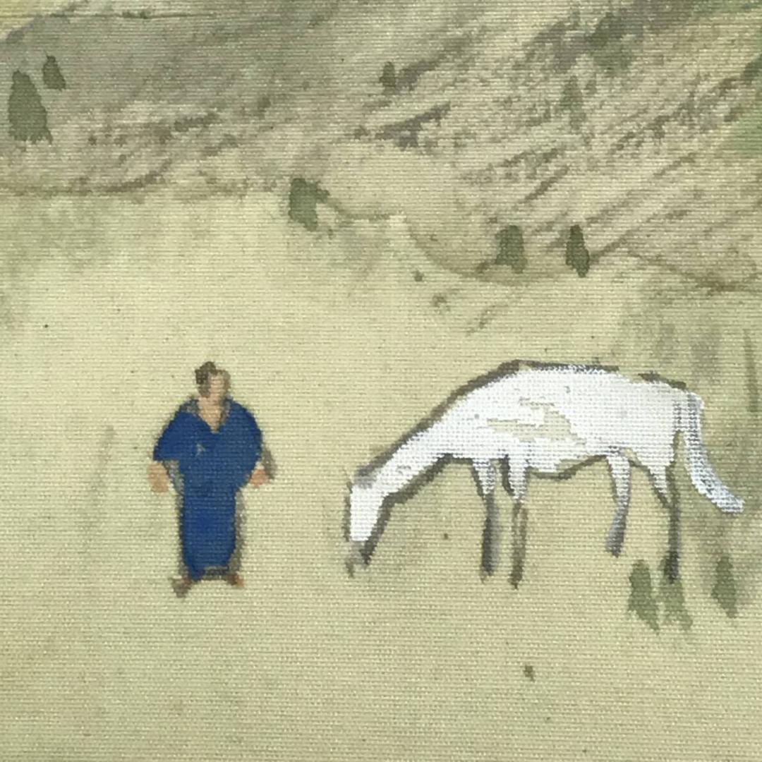 【真作】押田翠雨/春馬人物図/山水図/春景山水図/掛軸☆宝船☆AD-650