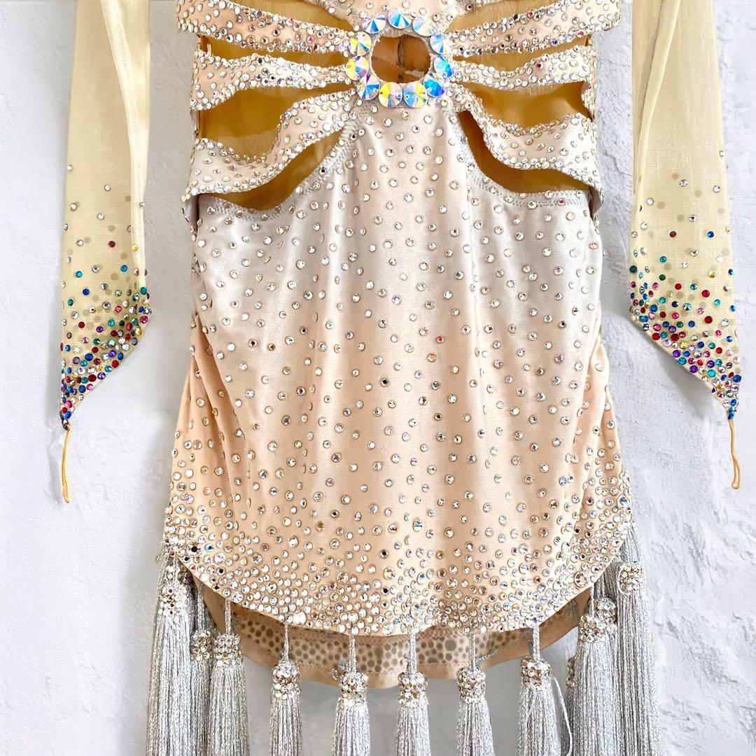 高級★シルック 社交ダンス ラテンドレス 衣装 タッセル シルバー ベージュ