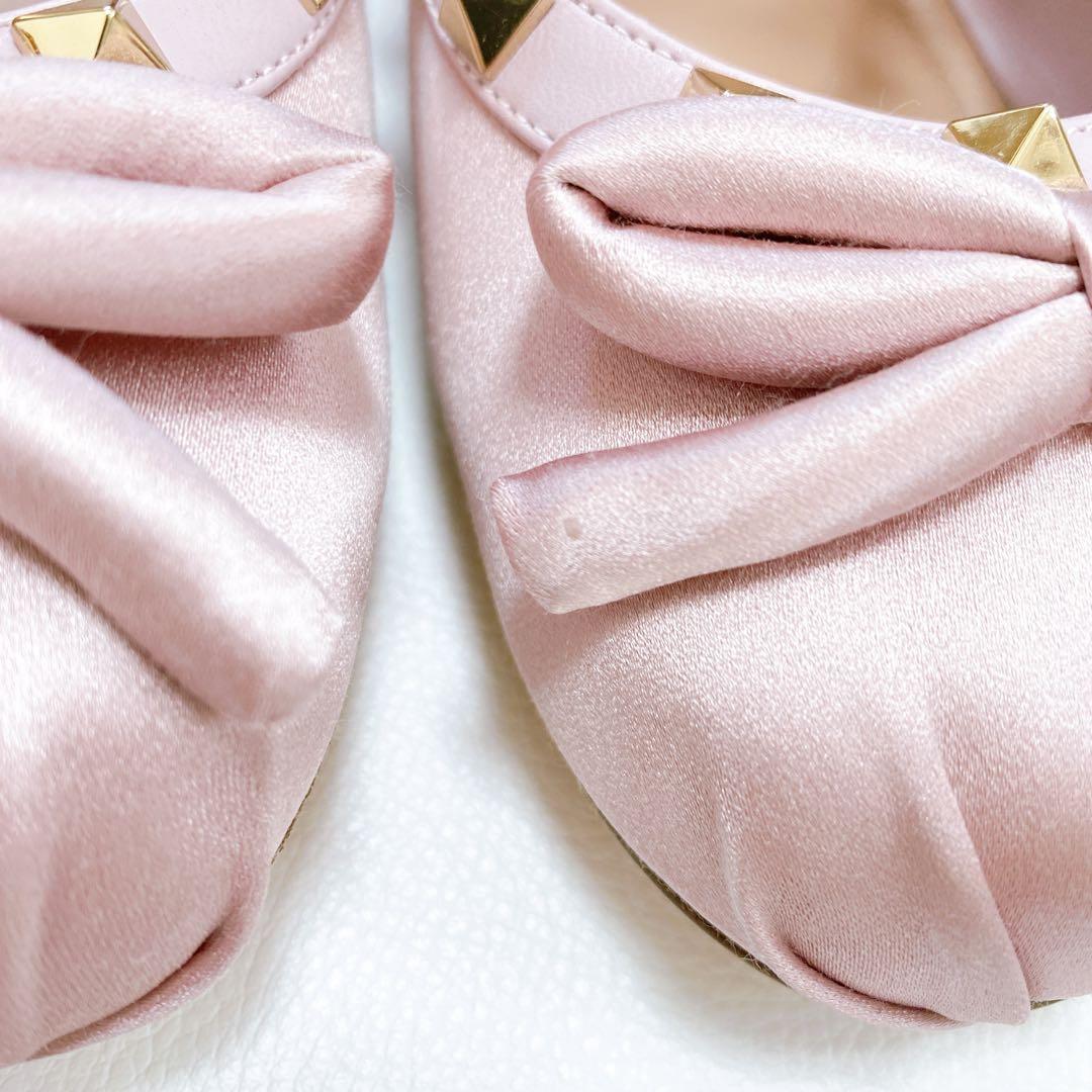 美品 Valentino ロックスタッズ サテンバレリーナシューズ ピンク