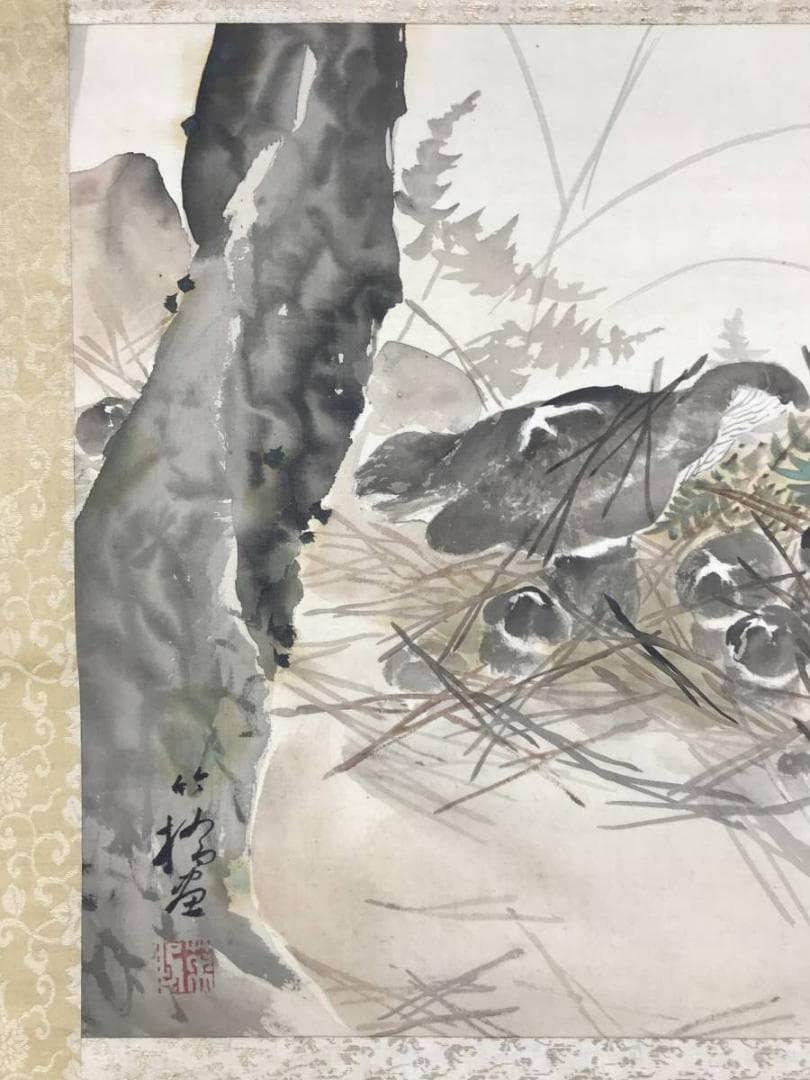 【模写】小野竹喬/松茸図/山水図/マツタケ図/横物/掛軸☆宝船☆AD-636