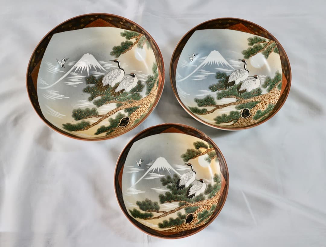 古九谷 九谷焼 三ツ鉢 三ツ丼 三重鉢 重ね鉢 深鉢 鶴松図 富士 色絵