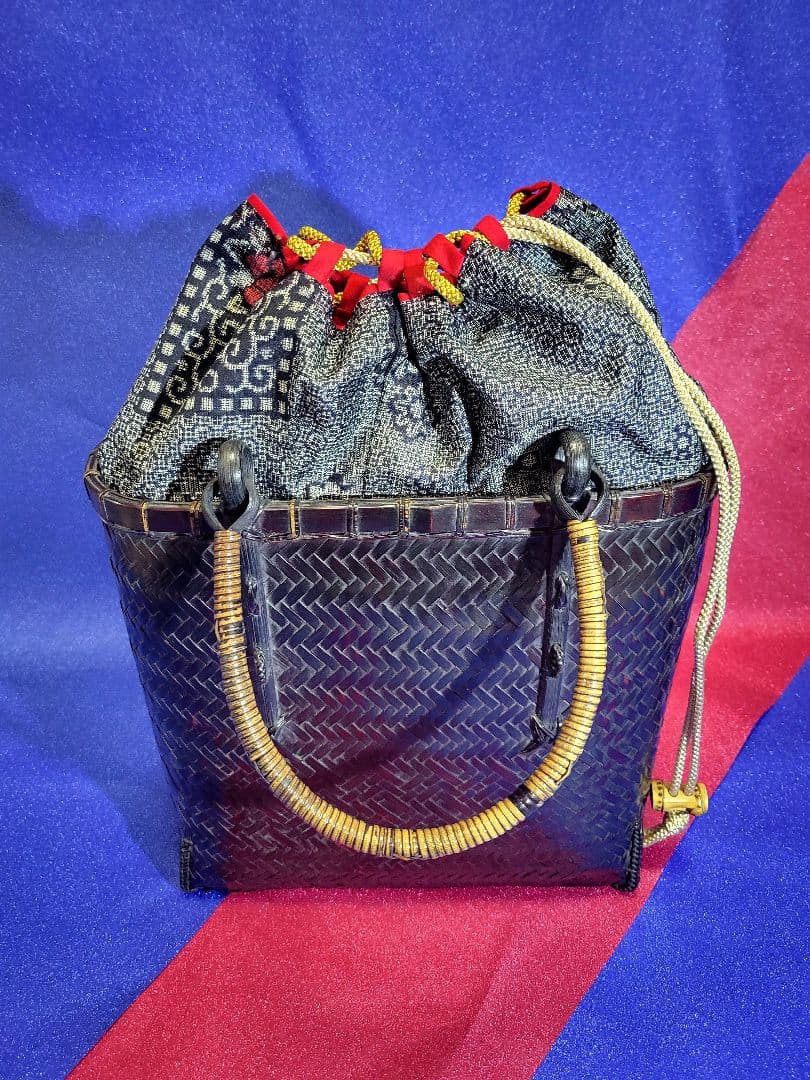 竹編みバッグ　大島紬内張り　茶道具　竹細工