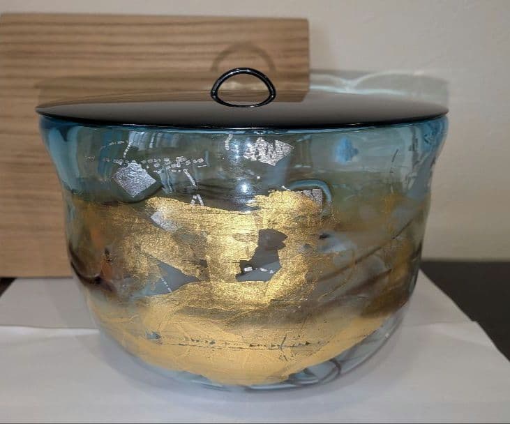 『中尾羊古』ガラス水指　茶道具　共箱　金ギヤマン義山　アトリエ羊古　吹きガラス