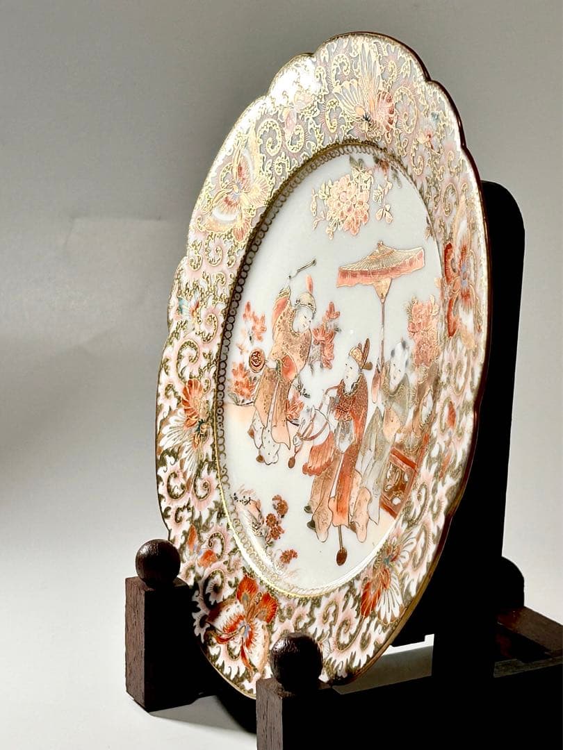 稀少 明治九谷の第一人者 松本佐平 松雲堂 赤絵金彩唐子図中皿 九谷焼