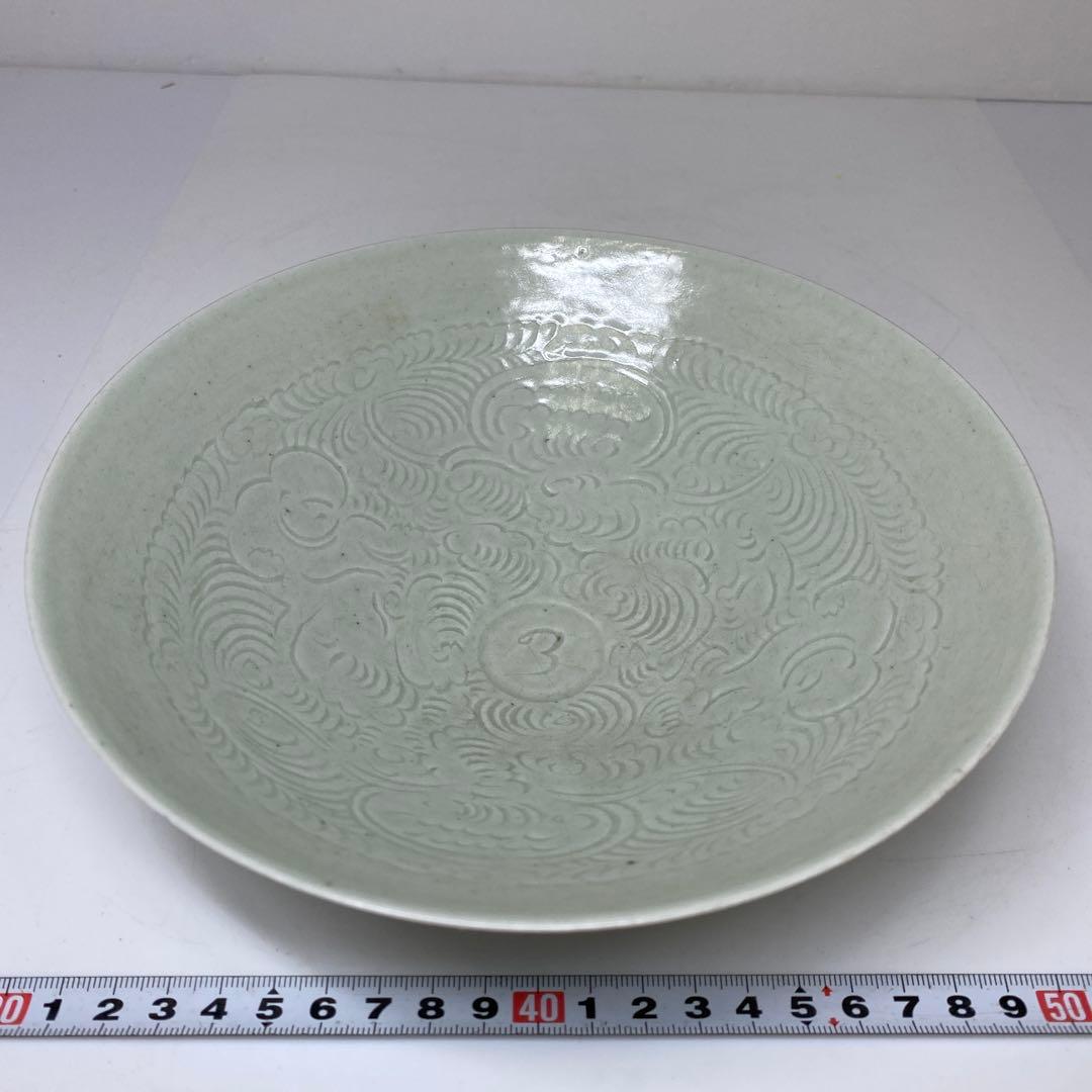 古代中国　青磁　青影刻雲鉢　幅約19.8㎝　トヒチル　東さ7-0304☆2F