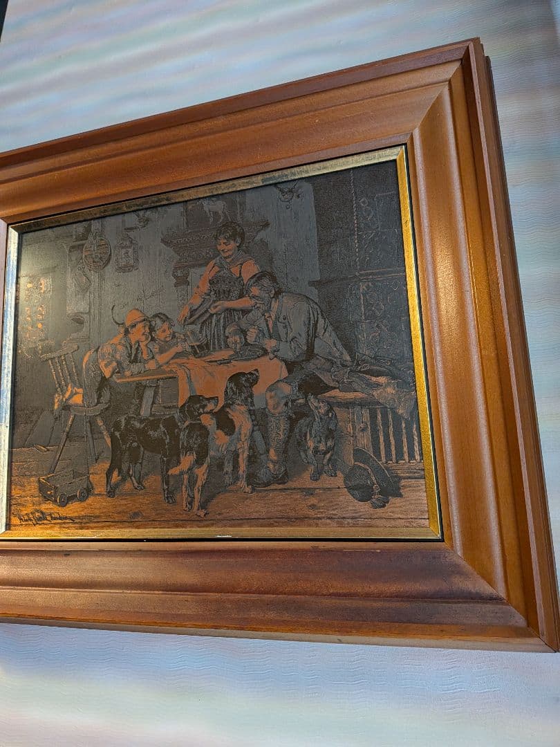 犬と人間のリアリズム絵画 木製フレーム