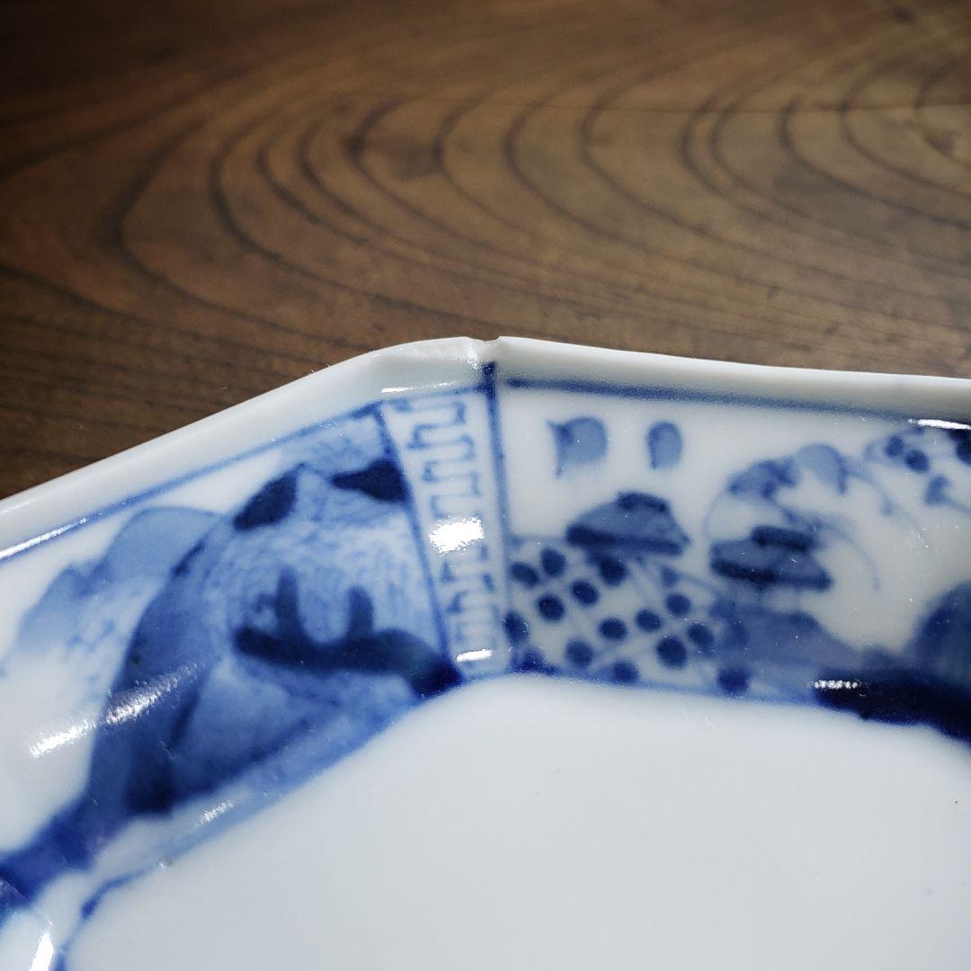 皿　八角皿　古伊万里　山水　風景　五弁花　染付　訳あり　欠け