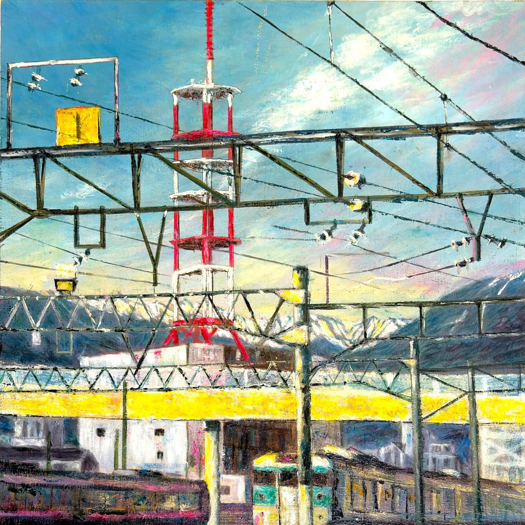 風景画「山間を走る列車」　鉄道風景 北アルプス 油彩画 印象派風 山