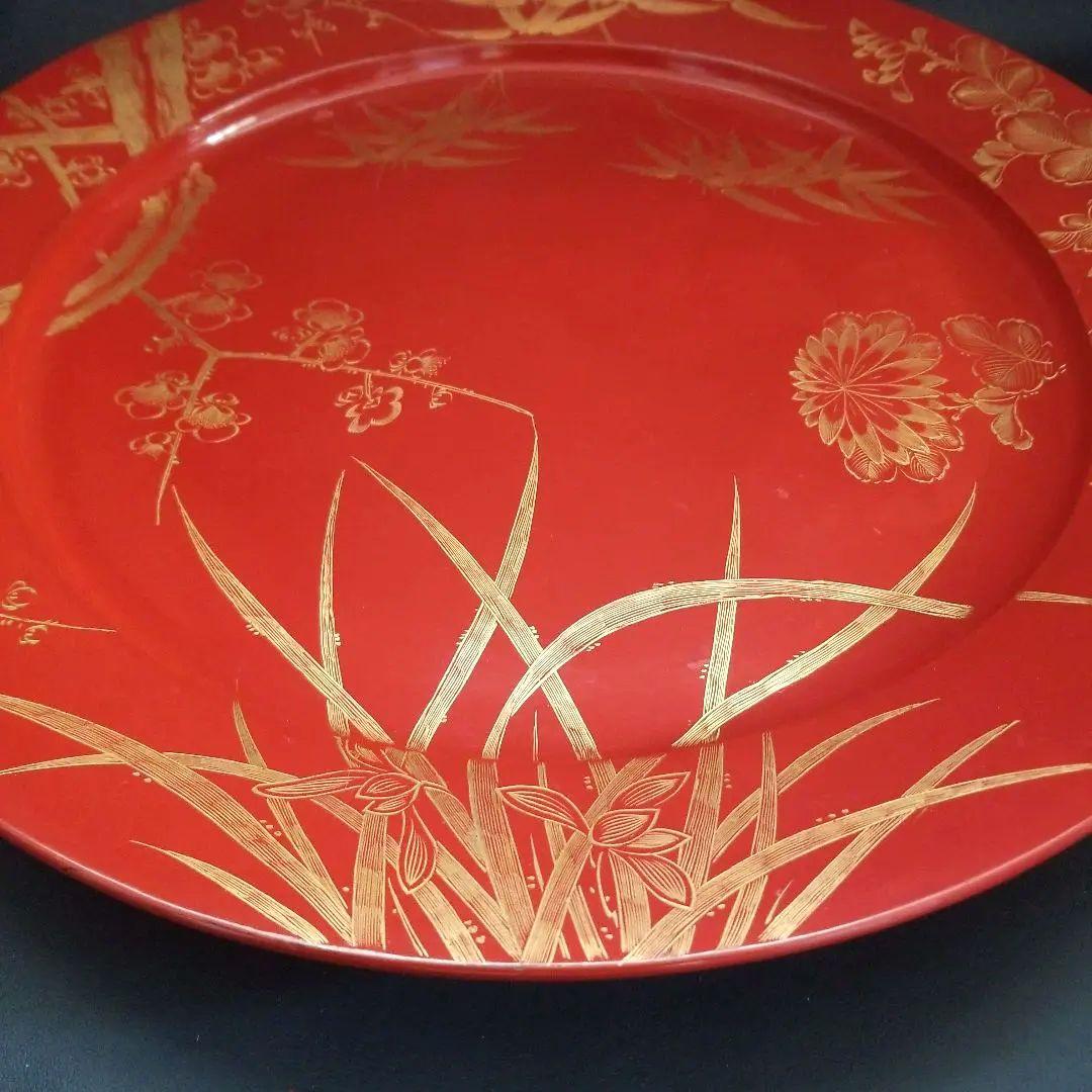 輪島塗 沈金 朱塗り 松竹梅 四季花 大皿 美術品 飾皿 約48cm1尺6寸