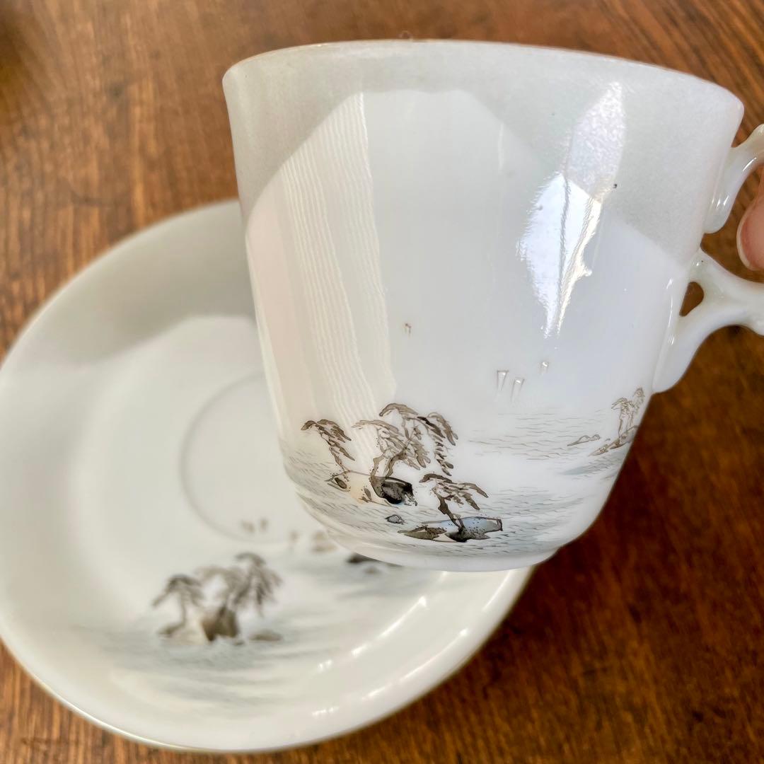 横浜焼 井村製 明治時代 輸出手 アンティーク カップ＆ソーサー 1客  冬の海