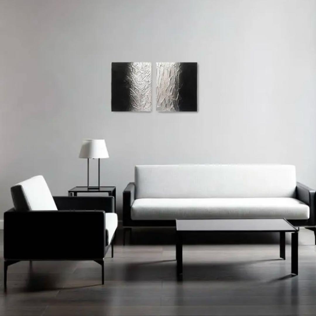 黒と銀の抽象画 二枚組｜F3サイズ｜ストリートアート　テクスチャーアート　絵画