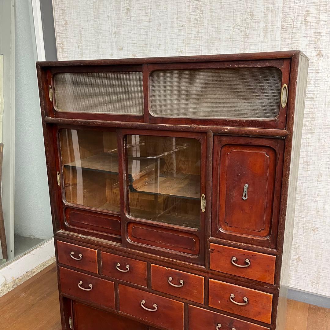 【アンティーク】時代家具 無垢材 茶箪笥 水屋箪笥 食器棚 二分割 古家具