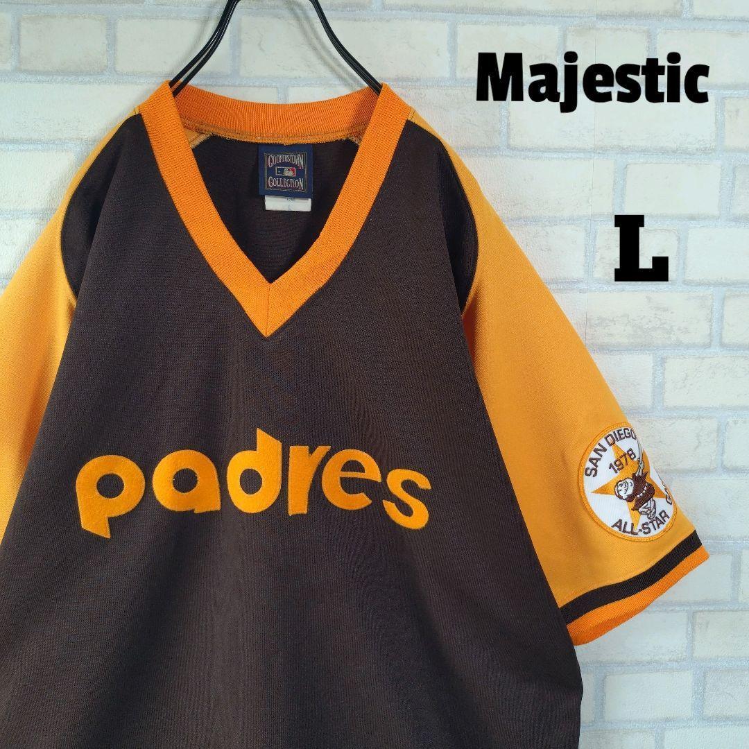 MLB★USA製 人気 パドレス 刺繍ロゴ ワッペン付 ゲームシャツ 茶 L