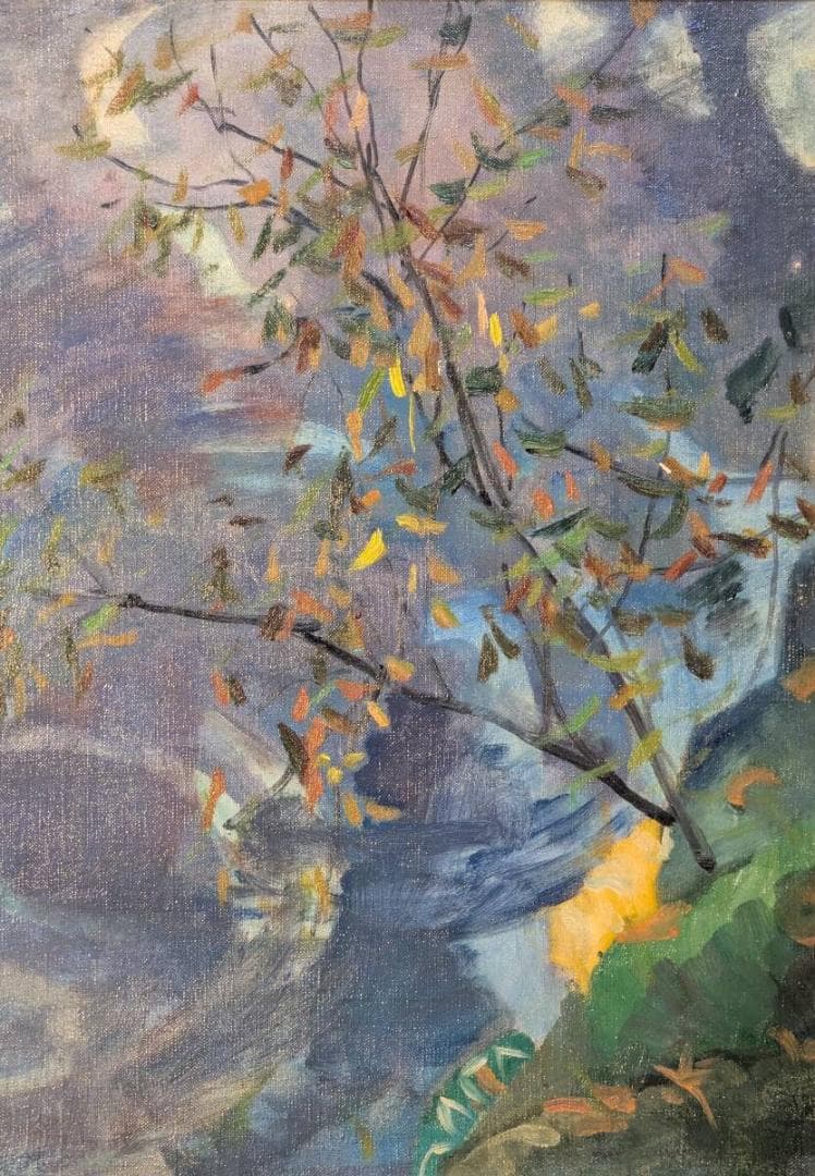 【真作】絵画　弦田英太郎　油彩8号　水紋　水面に揺れる秋の彩り　X158