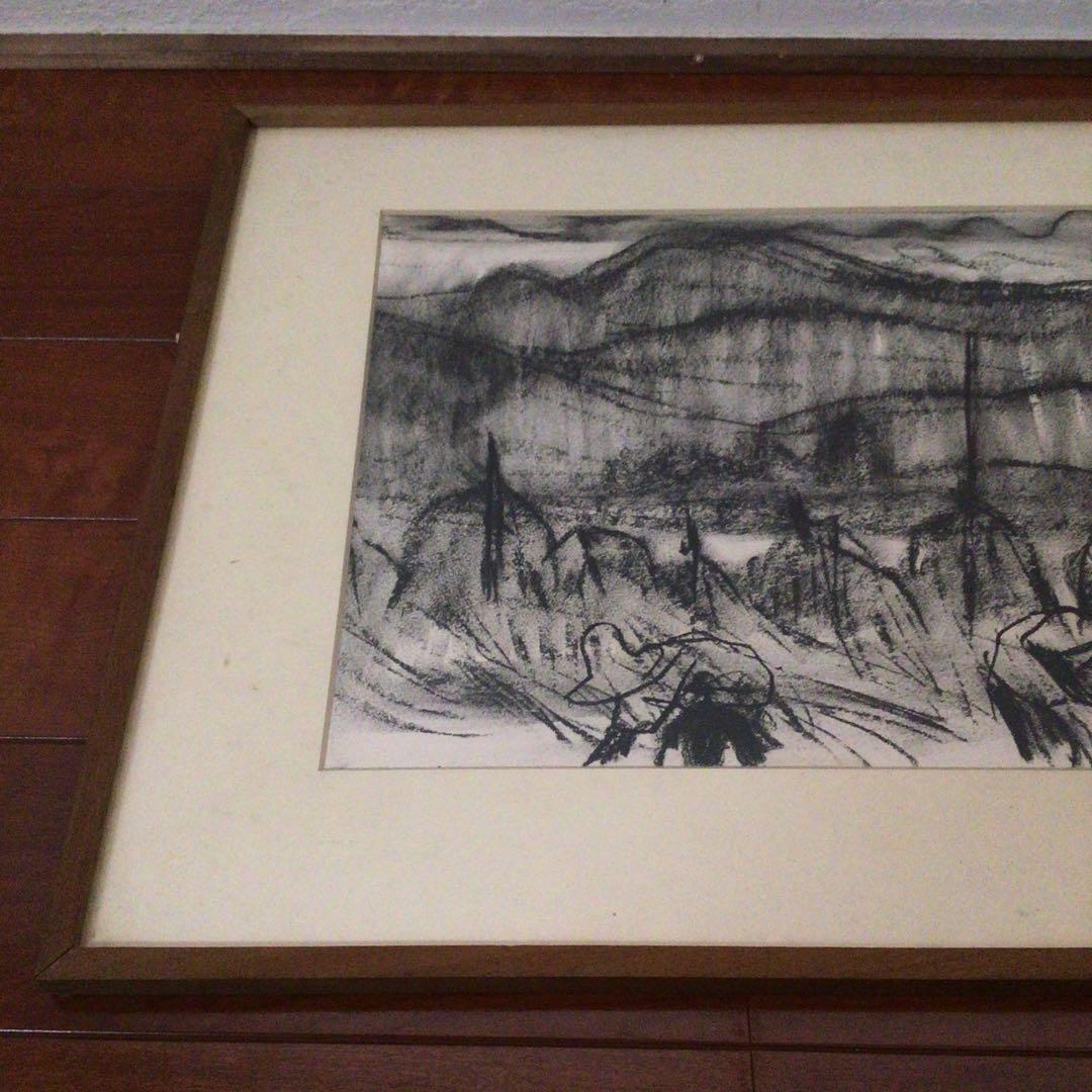 No2756 額装　大森運夫　「田植え」　共箱　創画会　日本画　古美術　送料無料