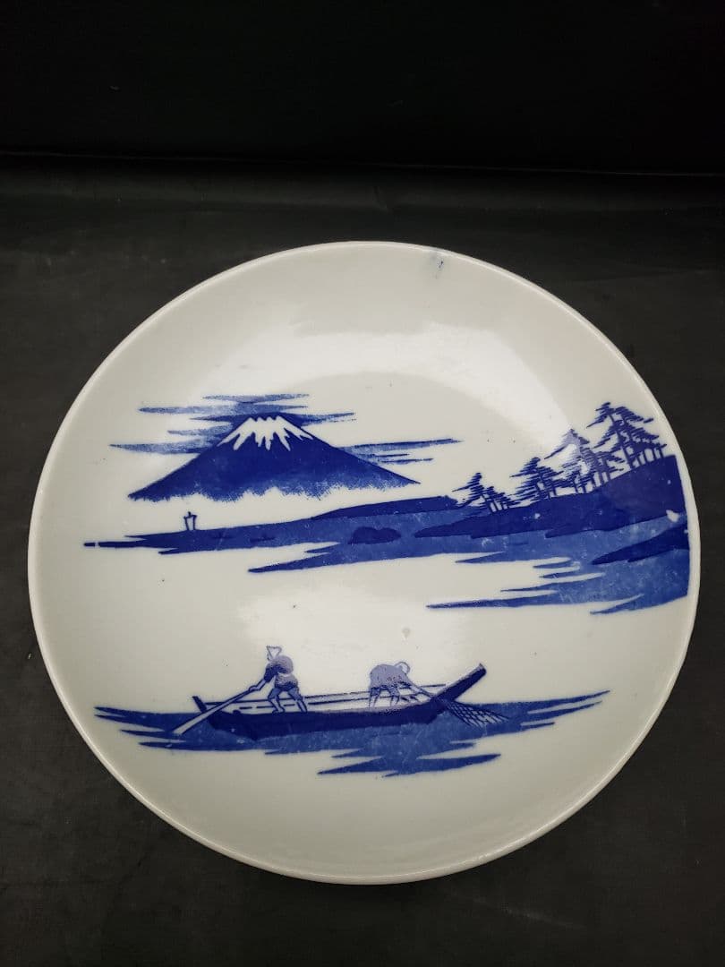古伊万里　染付皿　5枚　富士山　三保の松原　アンティーク