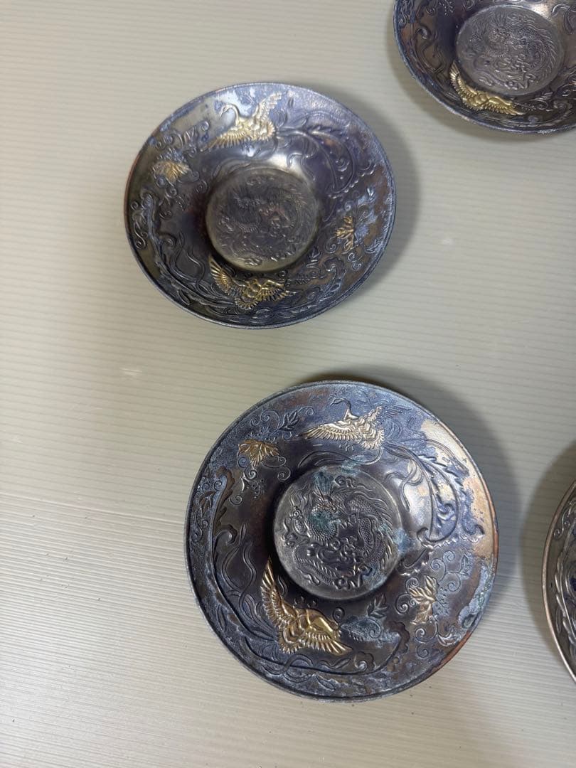 2257  時代　茶托　5客　龍文鳳凰　古銅　茶道具　金属工芸