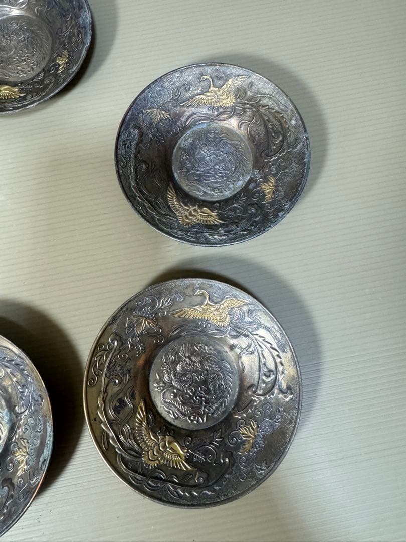 2257  時代　茶托　5客　龍文鳳凰　古銅　茶道具　金属工芸
