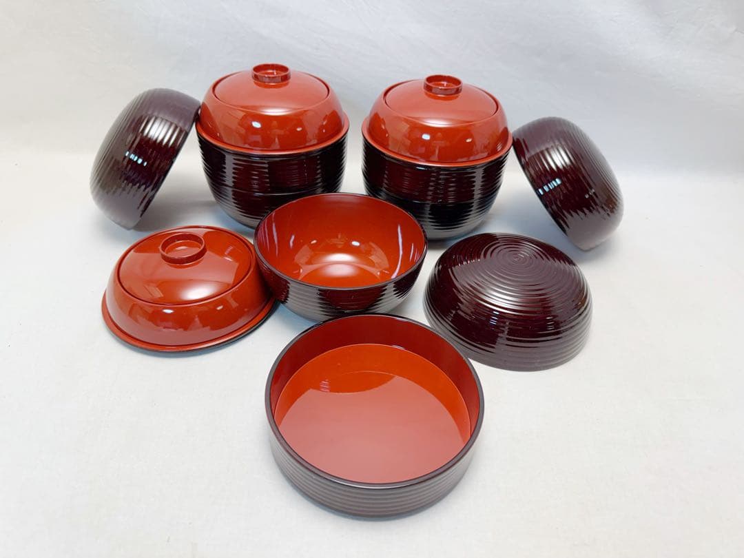 ほぼ未使用 茶道具 溜塗 内朱 信玄弁当 三段弁当箱 千筋 内朱 三客 紙箱