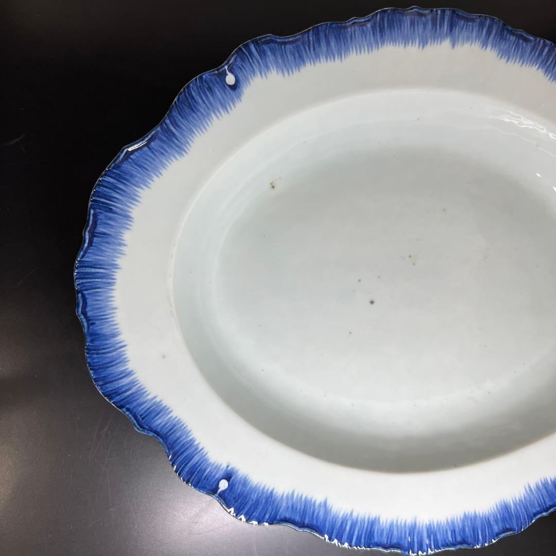 中国清朝時代　新渡青花オーバル皿　木箱付　幅約42.5㎝　東Y7-1024☆2F