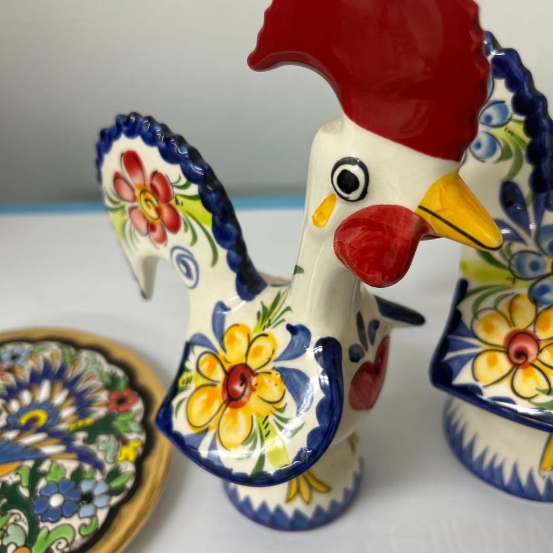 陶器 鶏の置物と皿セット