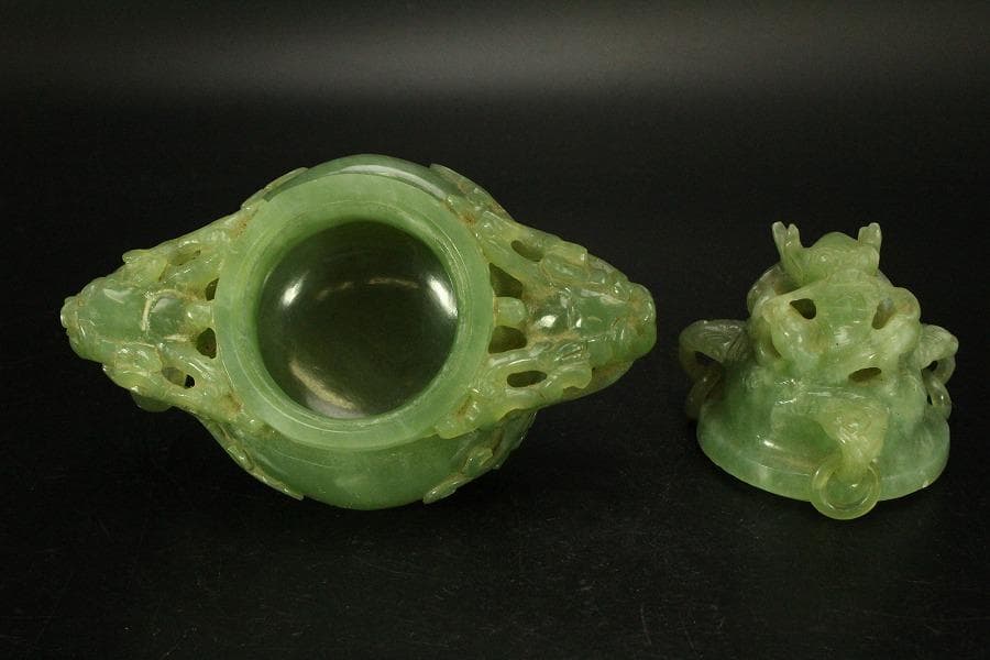 中国美術 玉石 緑石 香炉 台付(ZE497)