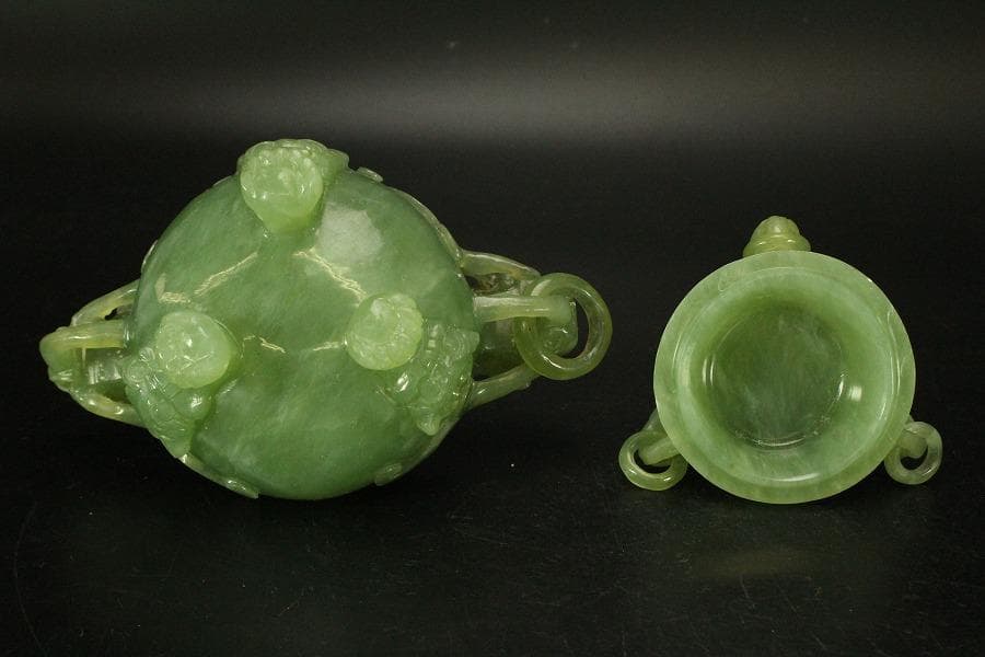 中国美術 玉石 緑石 香炉 台付(ZE497)