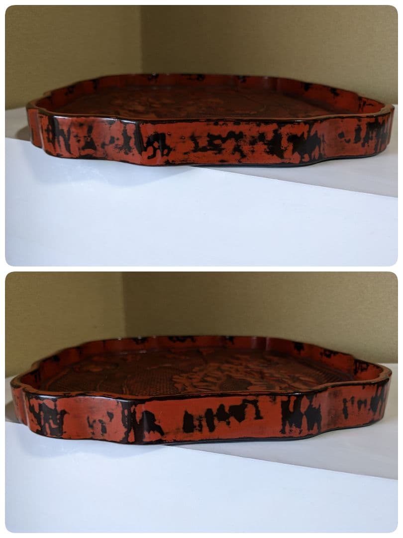 ♦中国 古玩 古美術 堆朱 彫漆 牡丹文 盆 盤 飾り茶道具 骨董品アンティーク