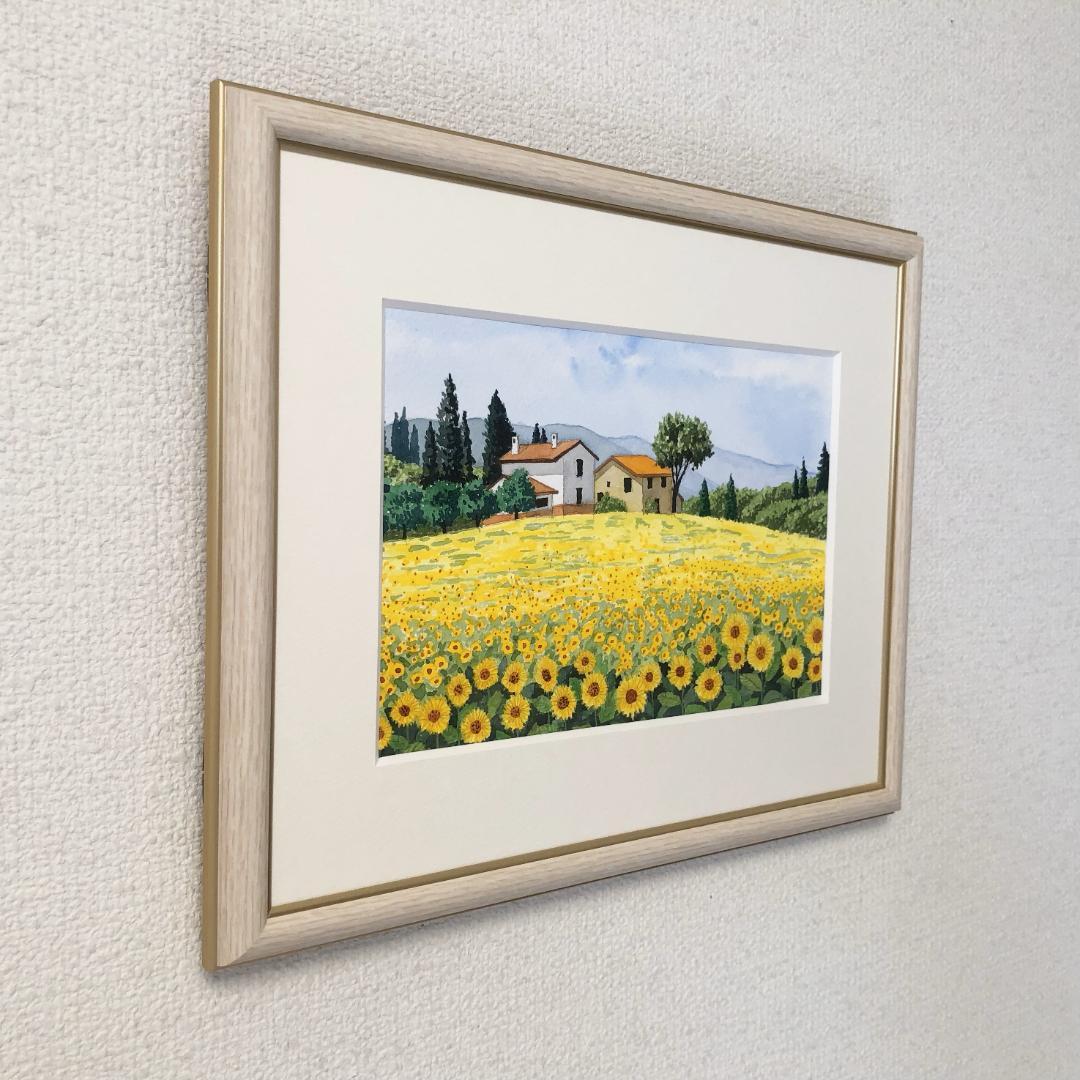 透明水彩画　原画　「ひまわりの丘06」額縁付　SMサイズ　風景画