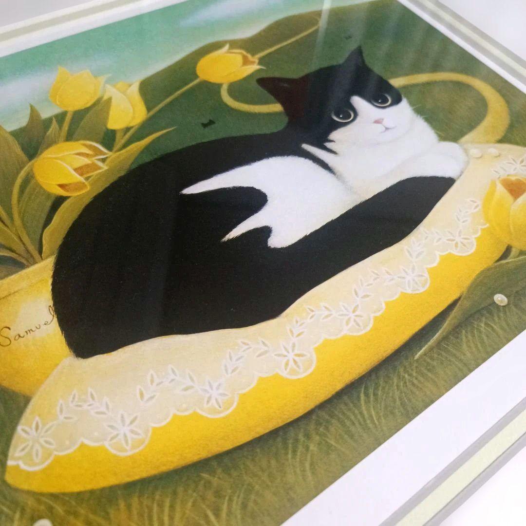 秋吉由紀子 「五月のレモンパイ」 版画 レトロ 猫 ネコ ハチワレ 美品