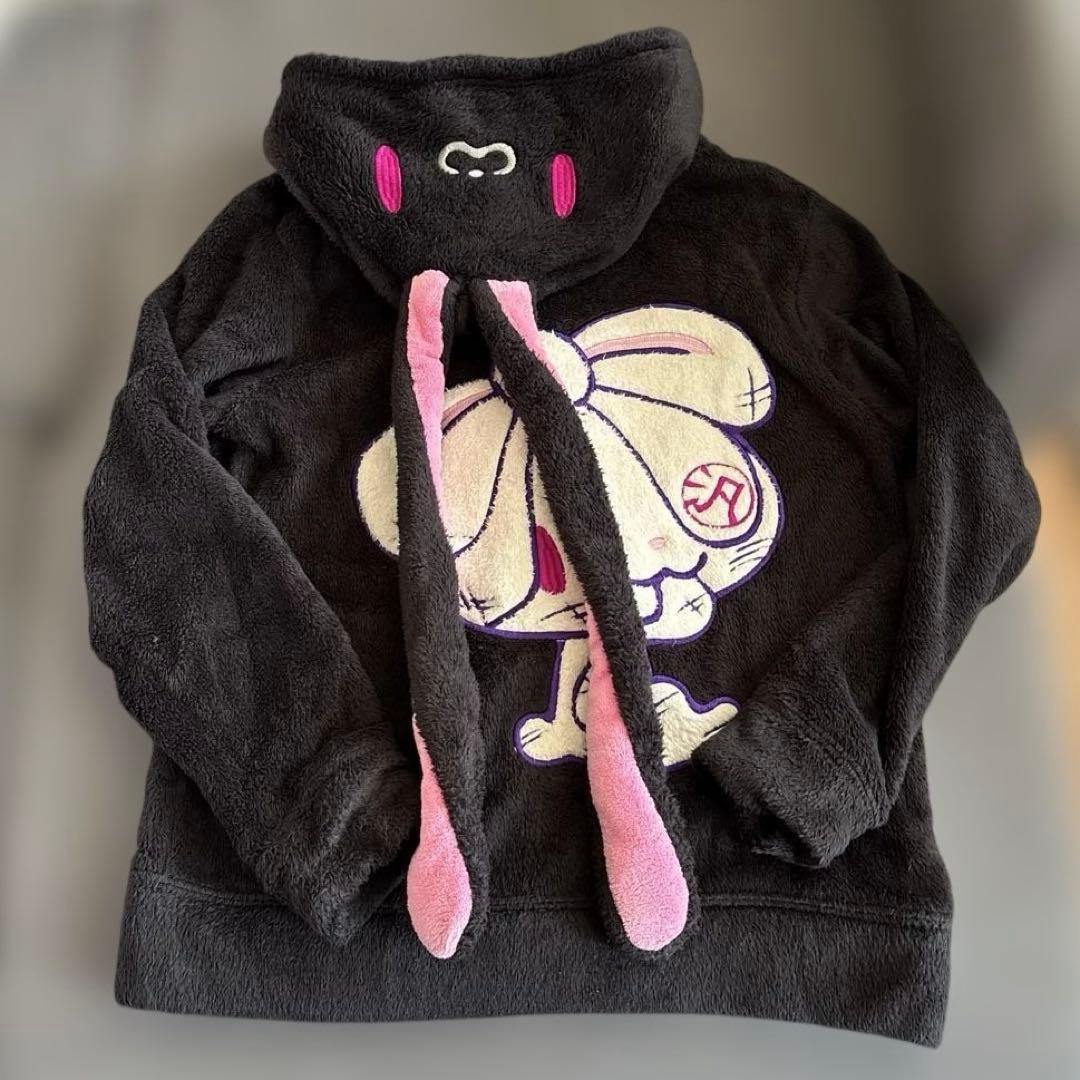 汎用うさぎ　黒　もこもこパーカー　長耳　グルーミー