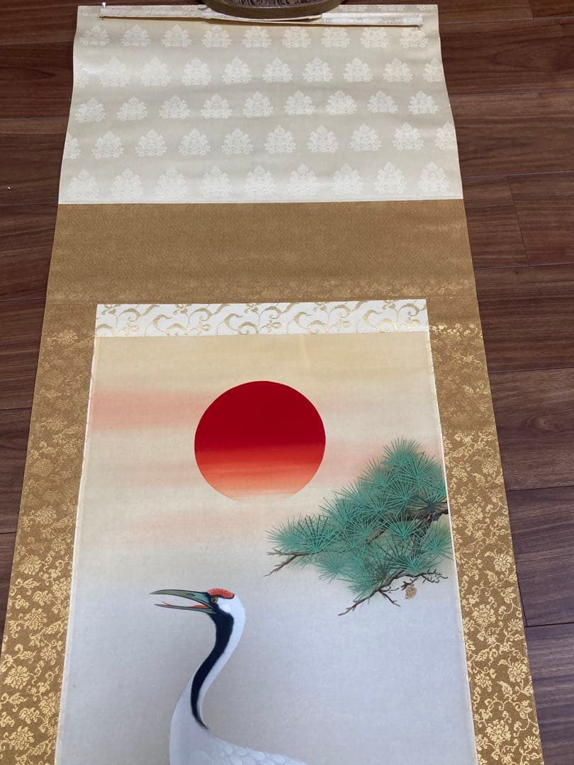 真作 國井道成 松上鶴図 絹本肉筆　桐共箱付 加藤美術証明書付き 掛軸 掛け軸